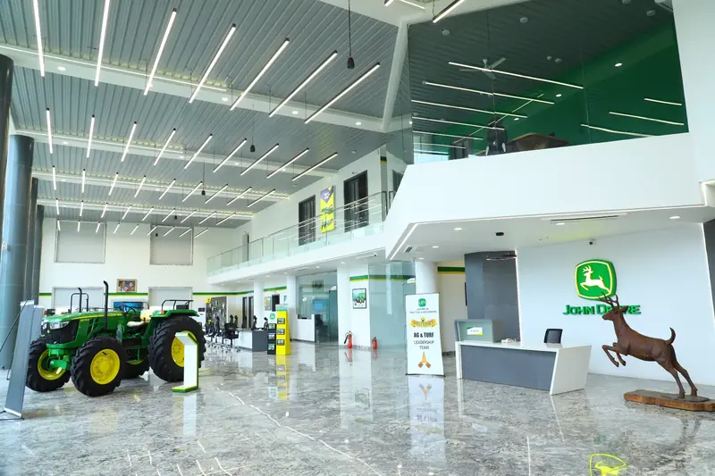 Reception, with a tractor on display