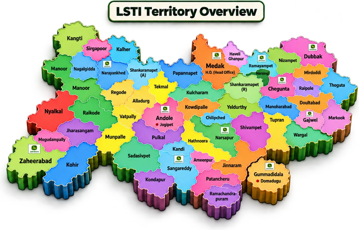 LSTI territory map: the areas LSTI serves, with the head office in Medak